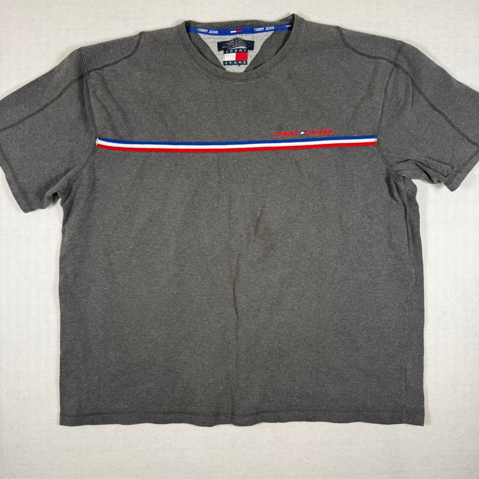 Tommy Jeans Mens Gray Short Sleeve T-Shirt Chest Stripe Logo Cotton Blend Xl